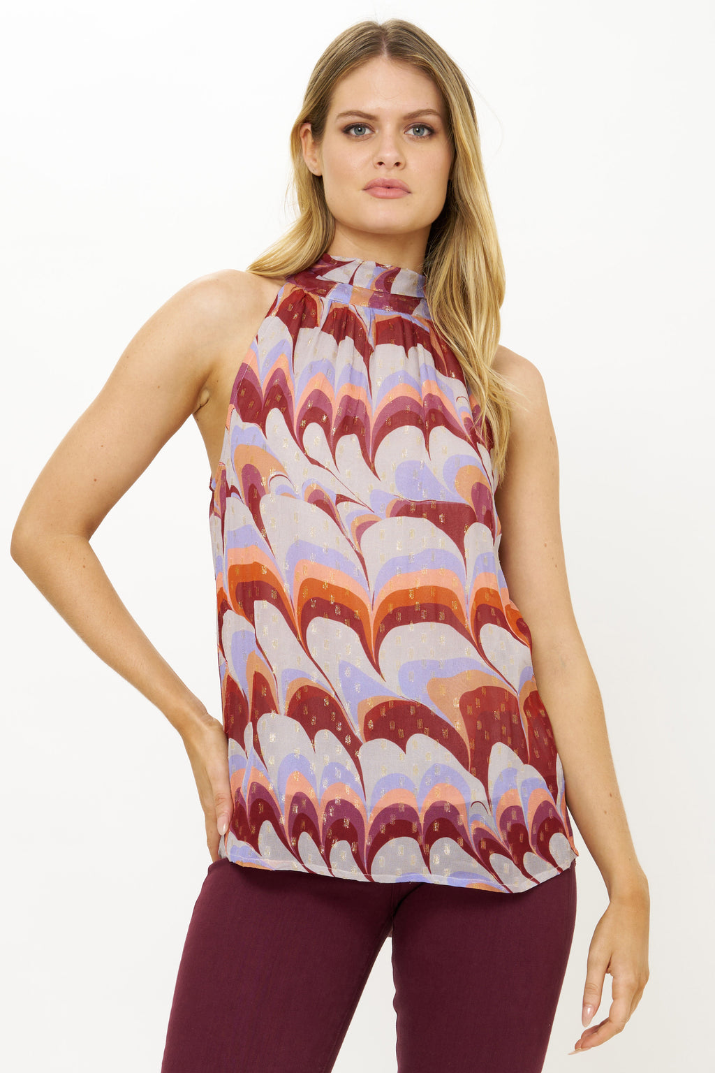 Oliphant Sleeveless Tie Neck Top in Venice Cognac