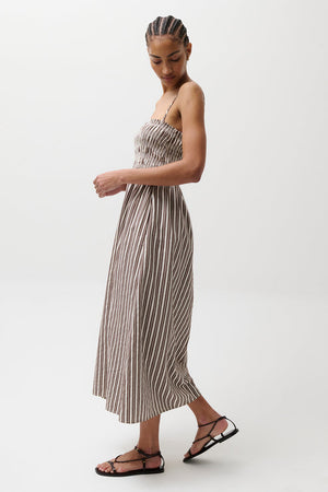 Pistola Bianca Shirred Bodice Dress in Earthen Brown Stripe