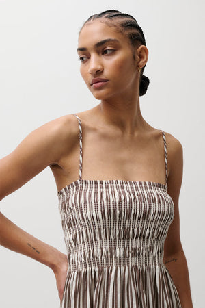 Pistola Bianca Shirred Bodice Dress in Earthen Brown Stripe