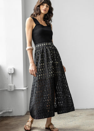 Lilla P Eyelet Side-Button Maxi Skirt in Black