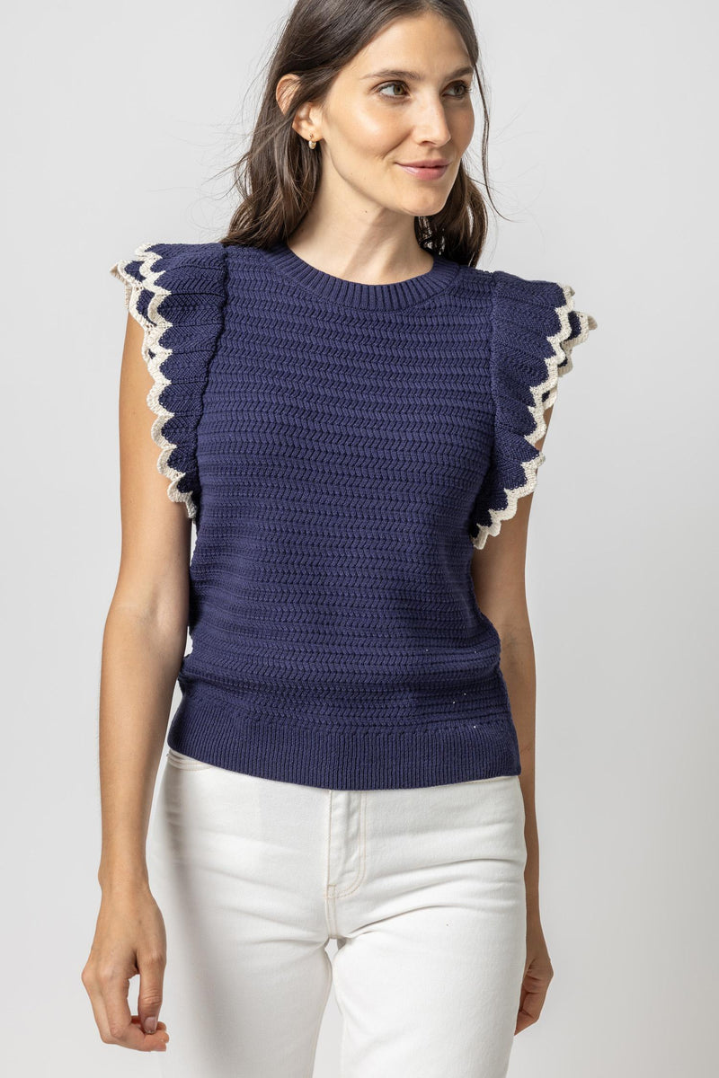Lilla P Tipped Sleeve Crewneck Sweater in Navy
