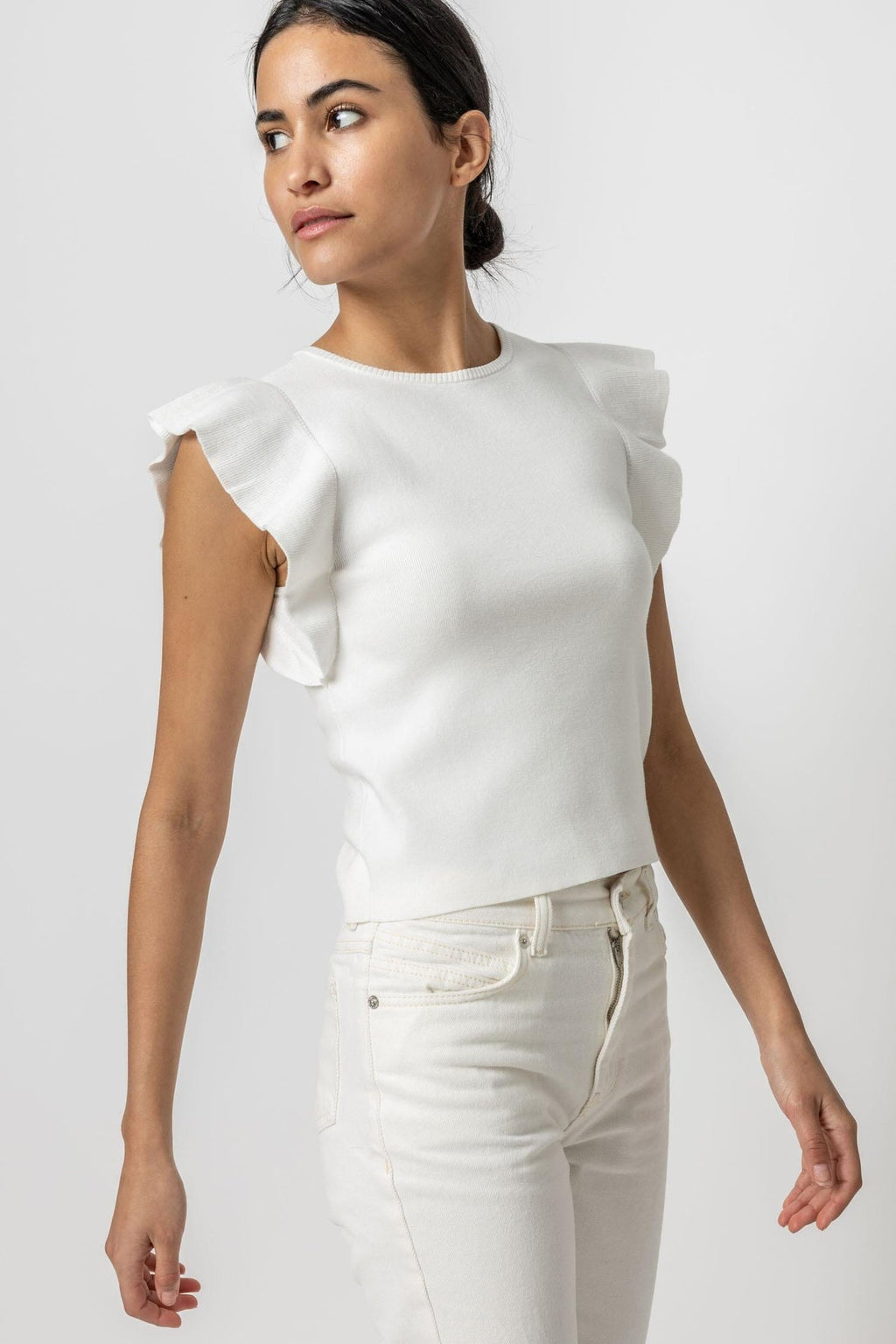 Lilla P Flutter Sleeve Shell Sweater in White
