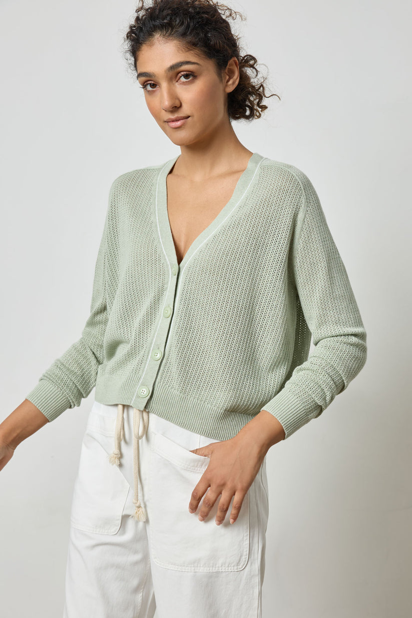 Lilla P Saddle Sleeve V-Neck Cardigan in Peapod