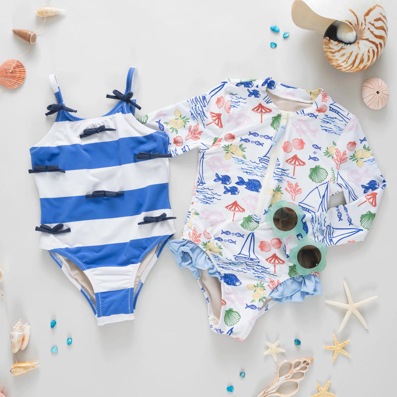 Pink Chicken Lottie Bow Swimsuit in Wide Blue Stripe