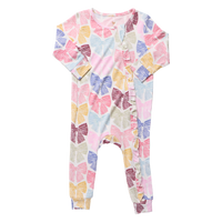 Pink Chicken Bamboo Ruffle Romper in Bright Multi Bows