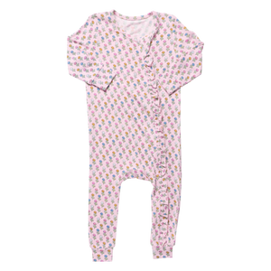 Pink Chicken Bamboo Ruffle Romper in Pink Carnations