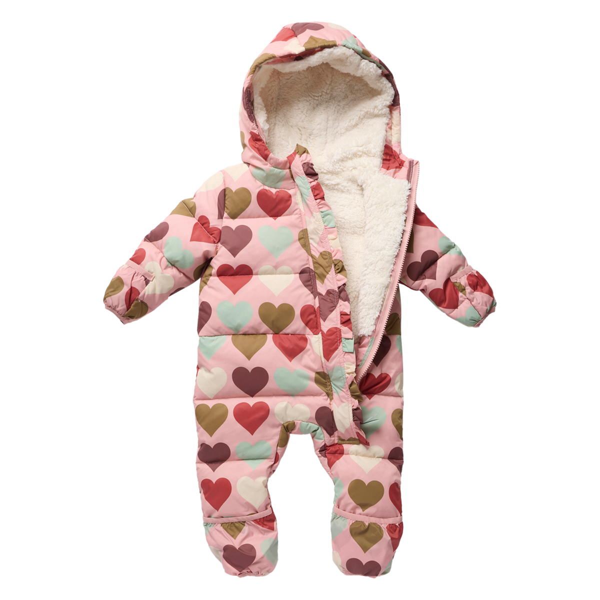 Pink Chicken Baby Girls Ruffle Snowsuit in Harvest Hearts