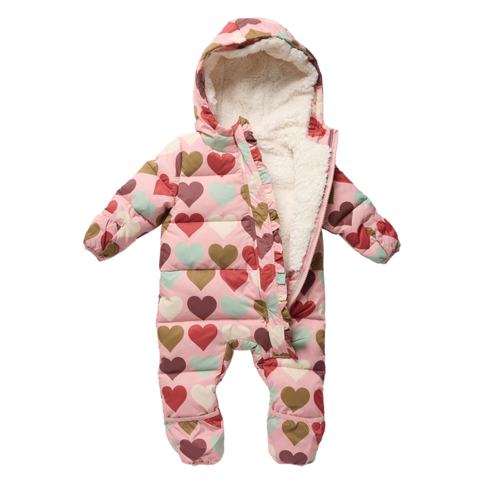 Pink Chicken Baby Girls Ruffle Snowsuit in Harvest Hearts