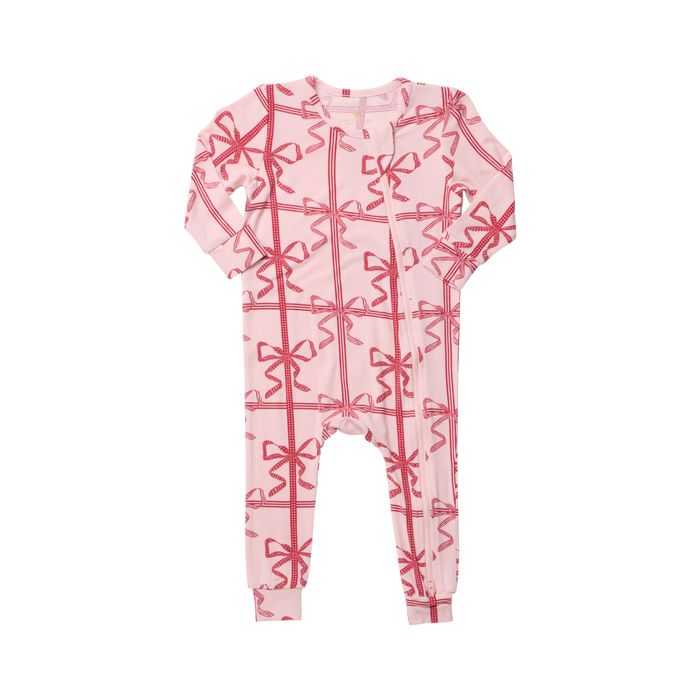 Pink Chicken Bamboo Romper in Pink Present Bow