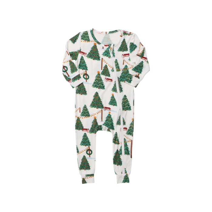 Pink Chicken Bamboo Romper in Christmas Tree Farm