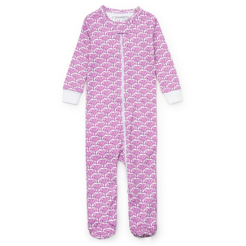Lila + Hayes Parker Zip Footie in Pink African Elephants