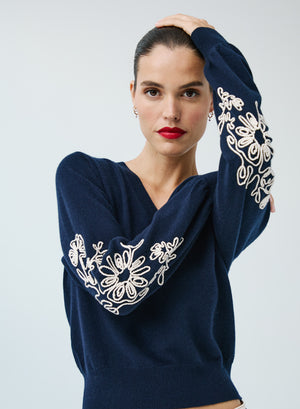 Autumn Cashmere Puff Sleeve Sweater Contrast Embroidery in Navy