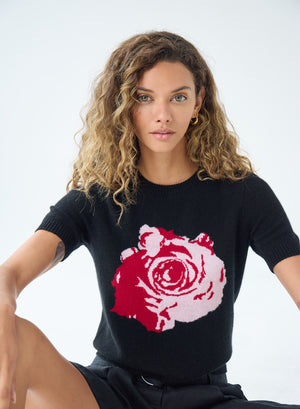 Autumn Cashmere Short Sleeve Rose Cropped Sweater in Black