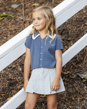 Rylee + Cru Pleated Denim Skirt in Railroad Stripe