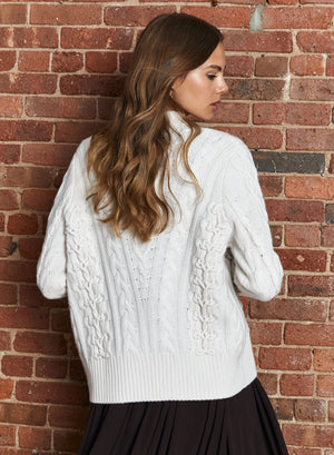 Autumn Cashmere Laced Cable Cardigan in Snow