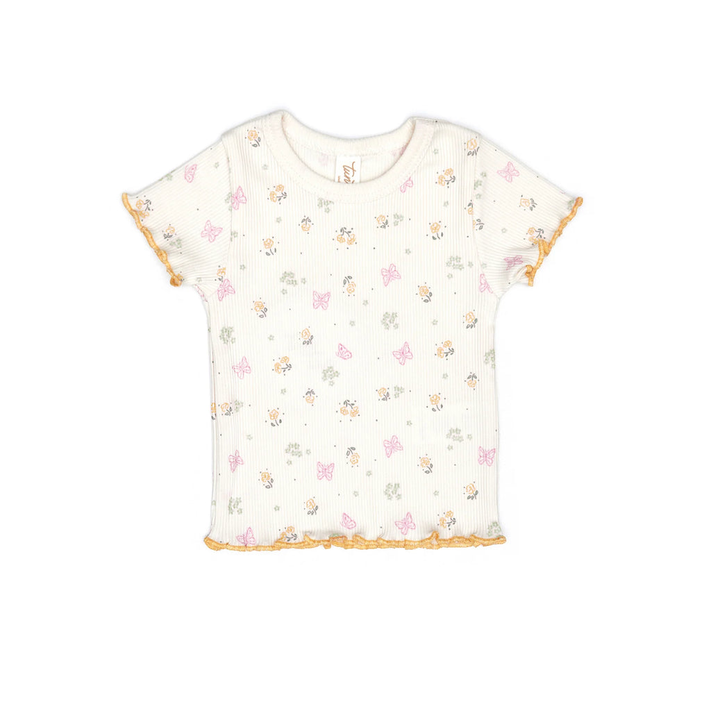 Tun Tun Ribbed Lara Top in Natural Butterflies & Flowers