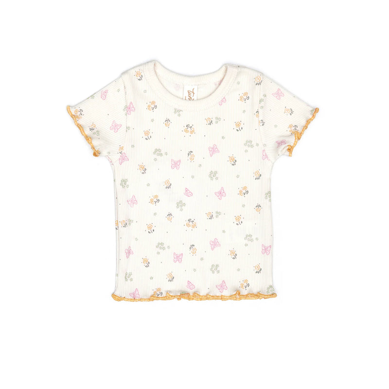 Tun Tun Ribbed Lara Top in Natural Butterflies & Flowers