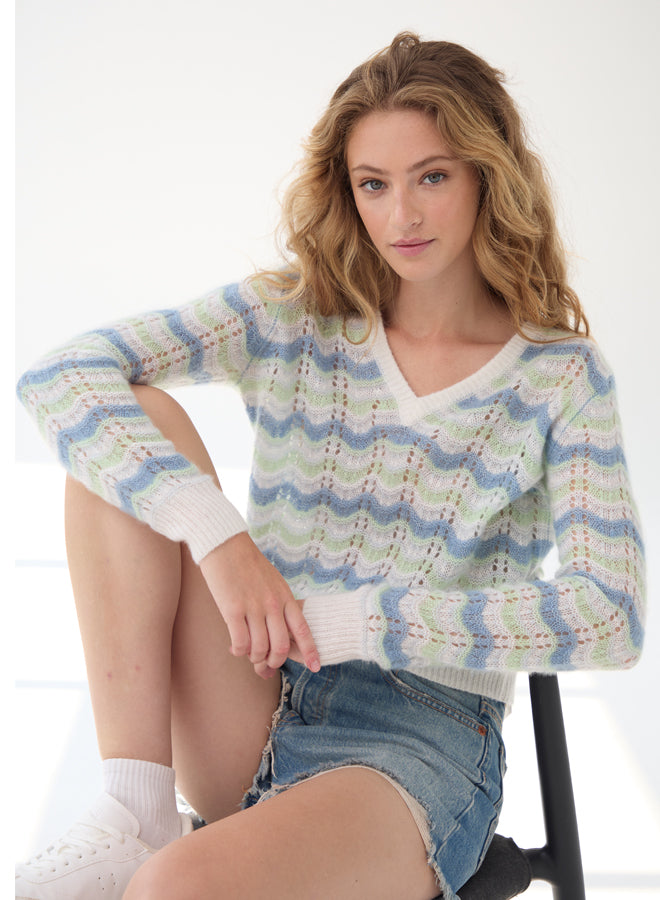 Autumn Cashmere Pointelle Stripe Wavy Stitch Crew in Pistachio Combo