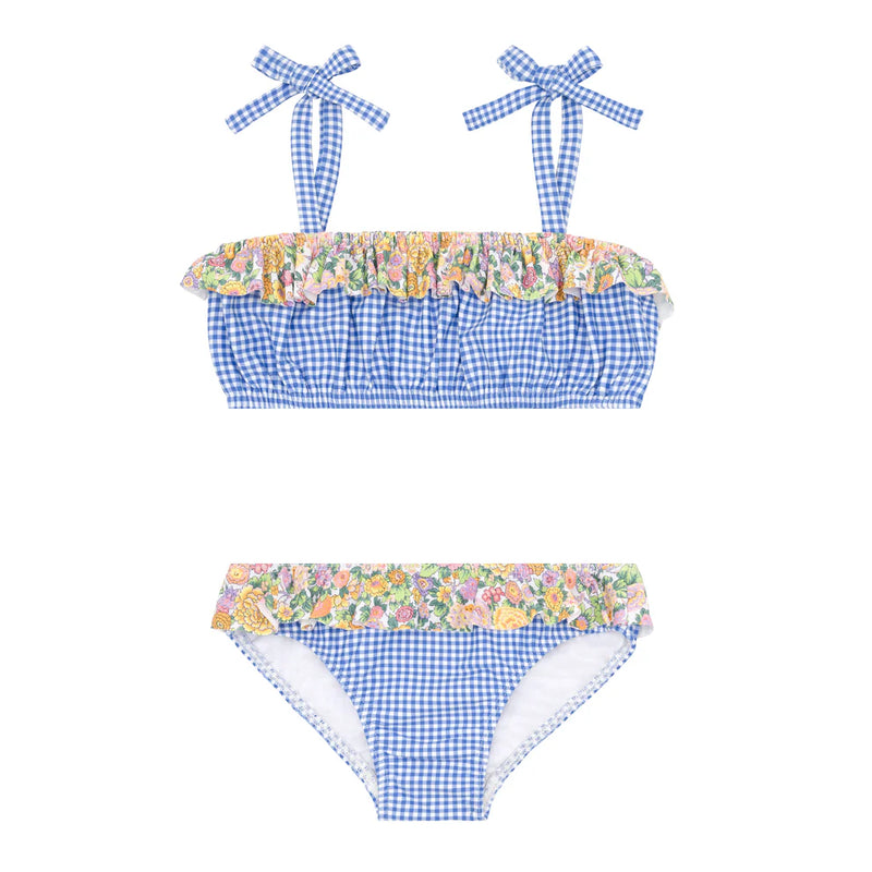 Minnow Bandeau Tie Strap Bikini in Blue Micro Gingham