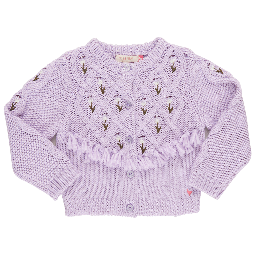 Pink Chicken Tari Tassel Sweater in Purple Floral Embroidery