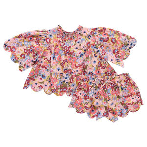 Pink Chicken Baby Scallop Misha Set in Burgundy Sketched Floral