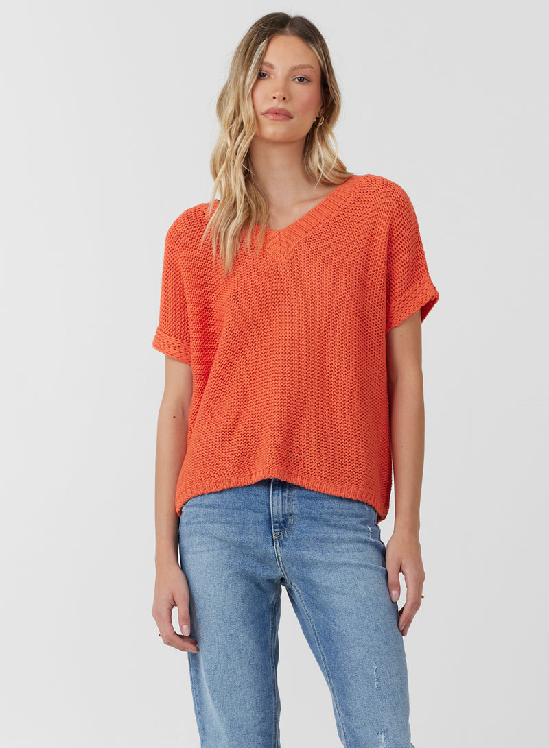Stitches + Stripes Elodie Short Sleeve Pullover in Coral