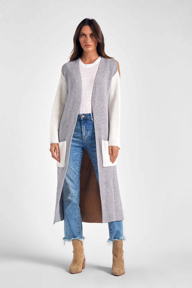 Elan Long Cardigan in Grey Color Block