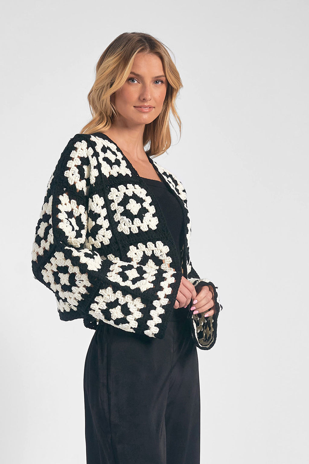 Elan Crochet Sweater Cardigan in Black and White