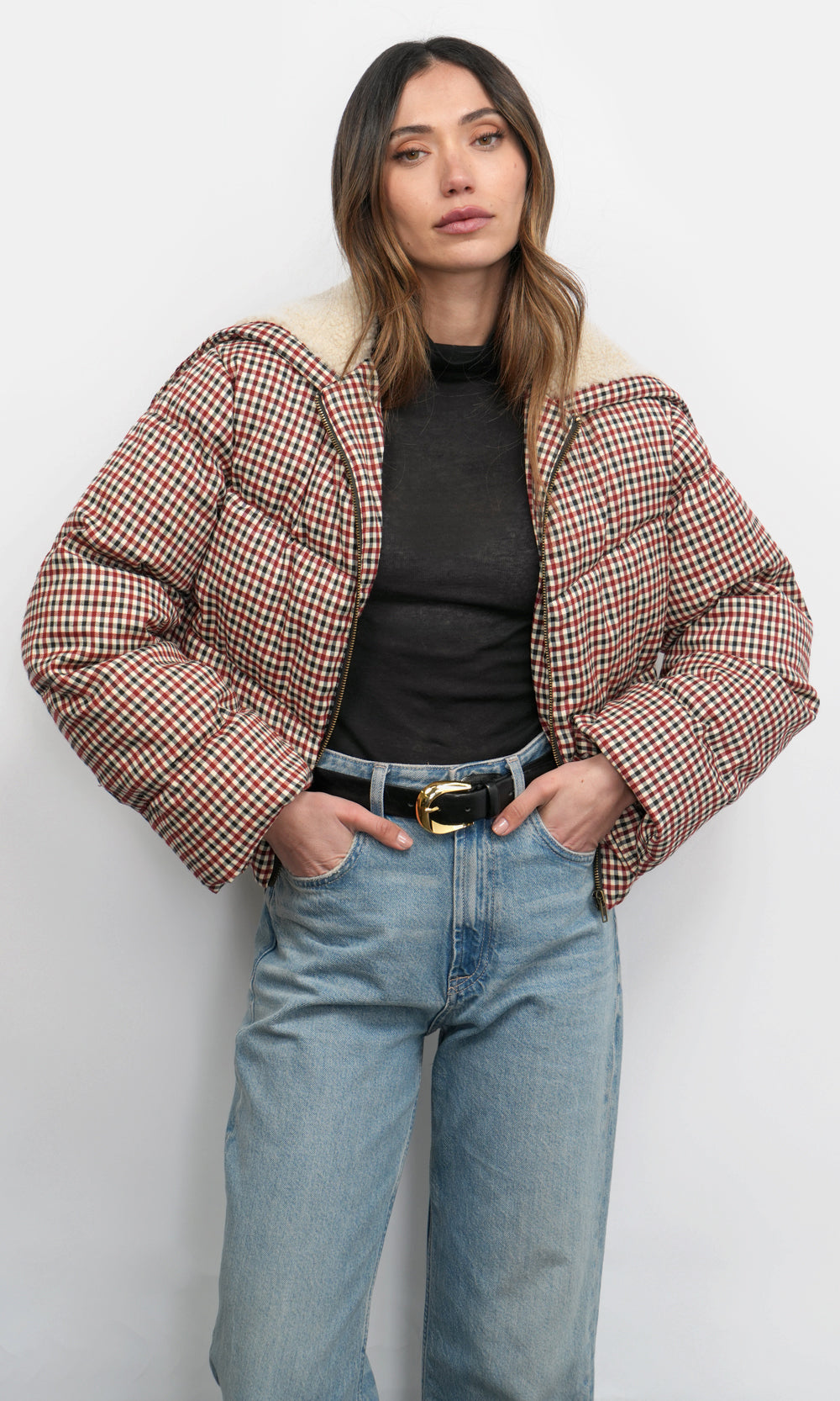 Greylin Sally Gingham Puffer with Shearling Collar in Multi Gingham