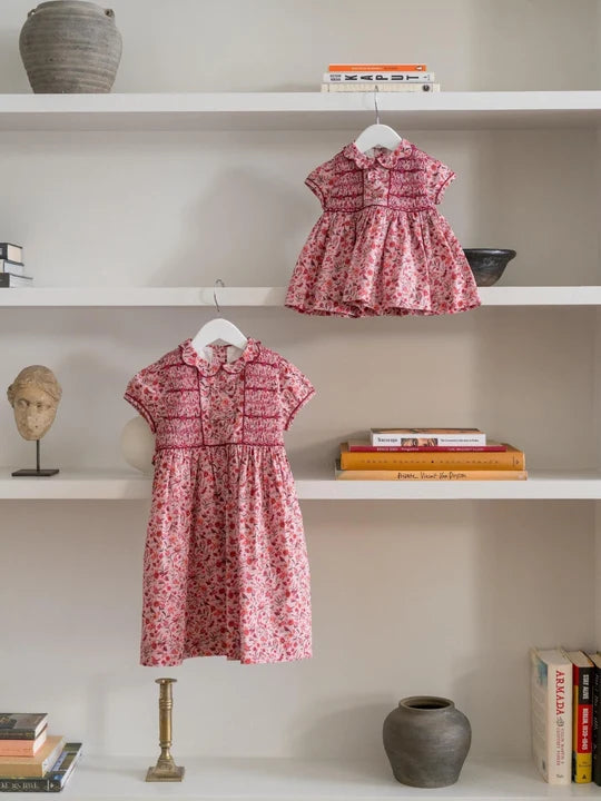 La Coqueta Scarlett Baby Girl Hand Smocked Fish in Pink Bird Floral