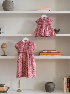 La Coqueta Scarlett Baby Girl Hand Smocked Fish in Pink Bird Floral
