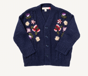 Pink Chicken Grandpa Sweater in Navy Floral Embroidery
