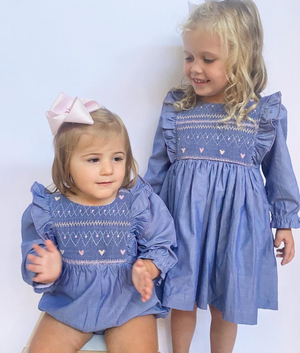Maddie & Connor Smocked Bubble in Chambray Hearts