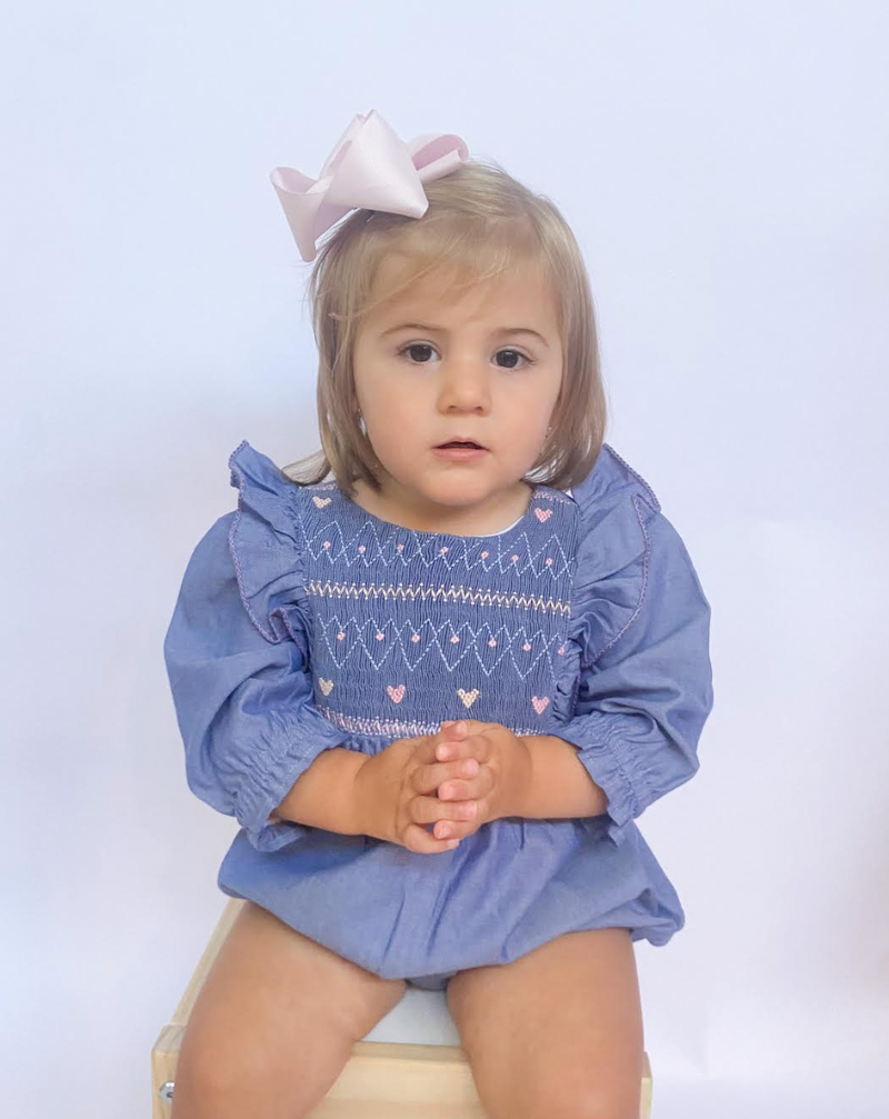 Maddie & Connor Smocked Bubble in Chambray Hearts