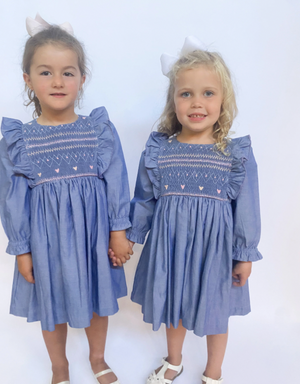 Maddie & Connor Smocked Dress in Chambray Hearts