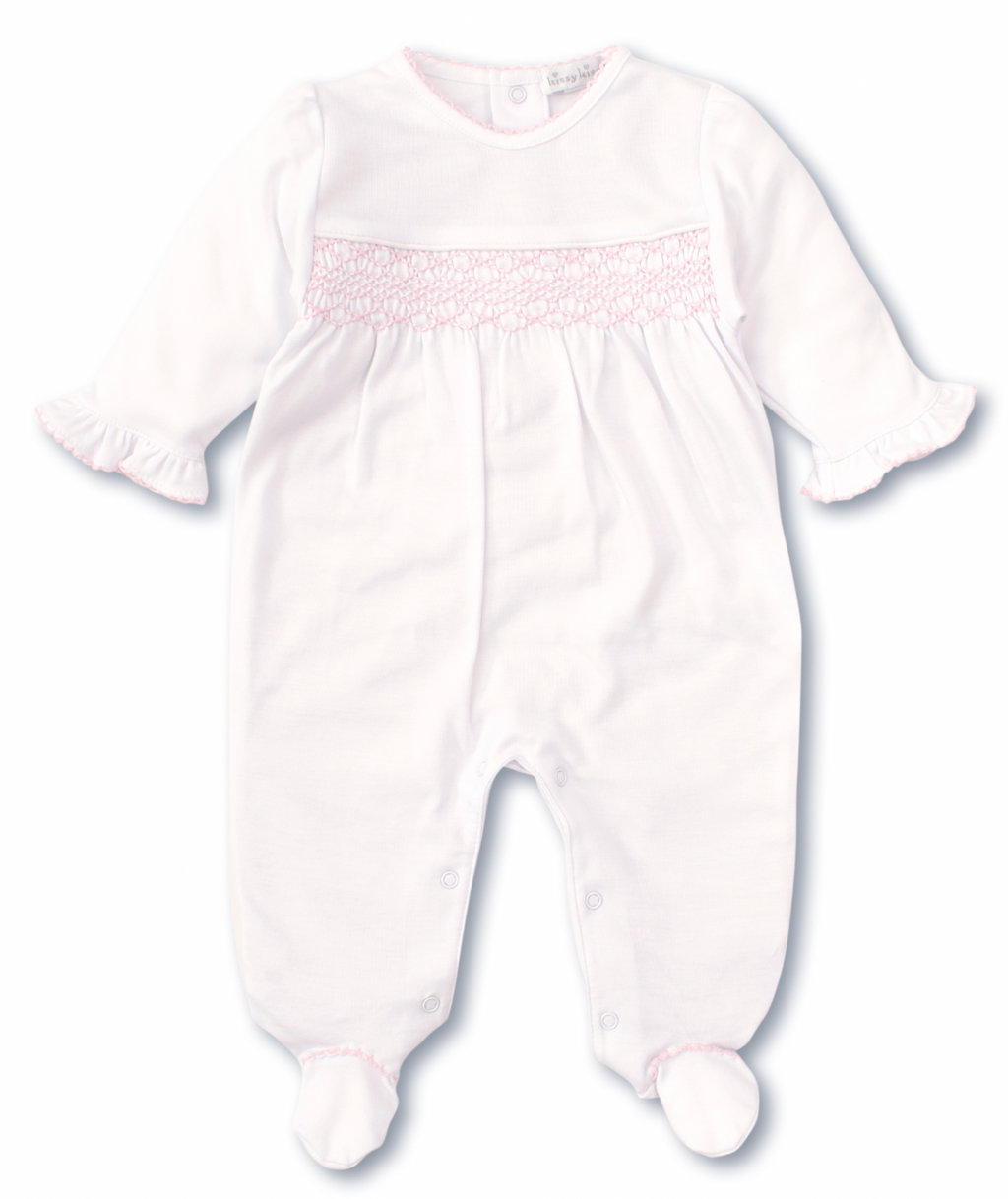 Kissy Kissy Classic White and Pink Footie with Hand Smocking