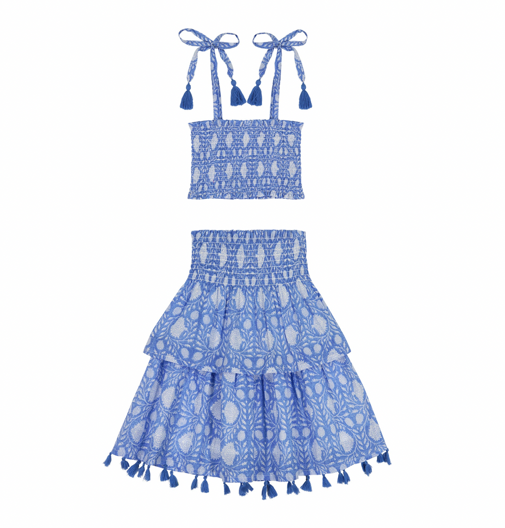 Mer St Barth Noelle Smocked Top and Maxi Skirt Set in Farida Blue