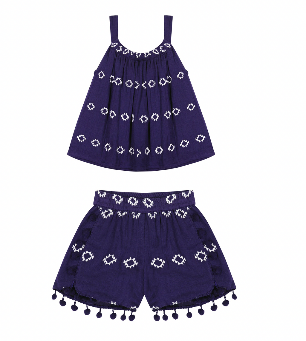 Mer St Barth Colette Top and Short Set in Navy Embroidery