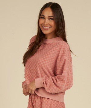 Rylee + Cru Women's Boxy Pullover in Pink Check