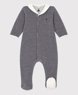 Petit Bateau Velour Snap Footie with Sailor Collar in Navy and White Stripe