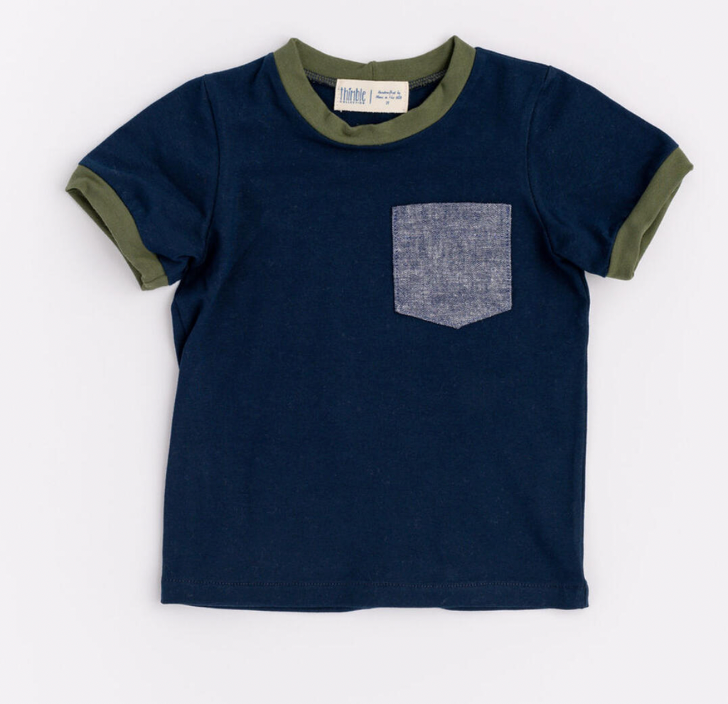 Thimble Ringer Pocket Tee in Navy & Olive
