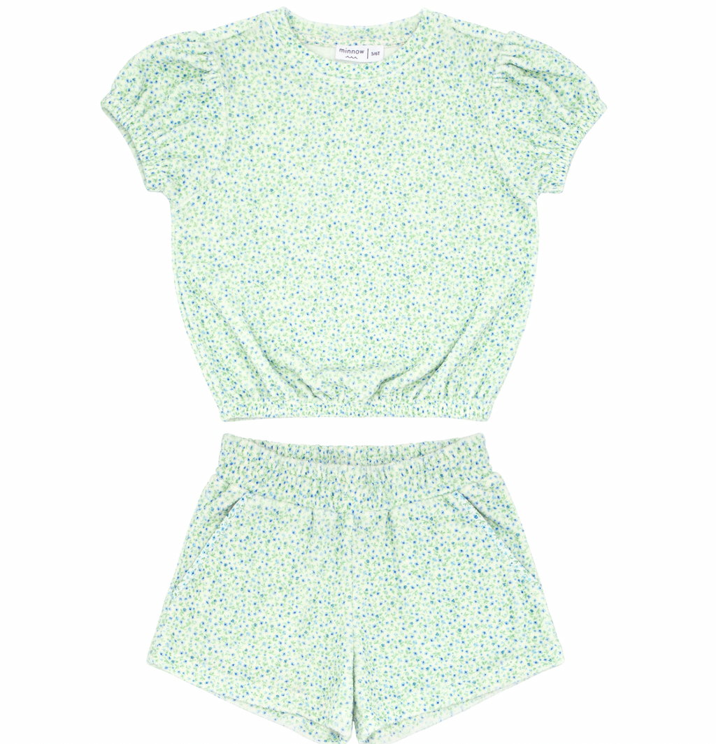 Minnow French Terry Puff Sleeve Short Set in Hibiscus Ditsy Floral