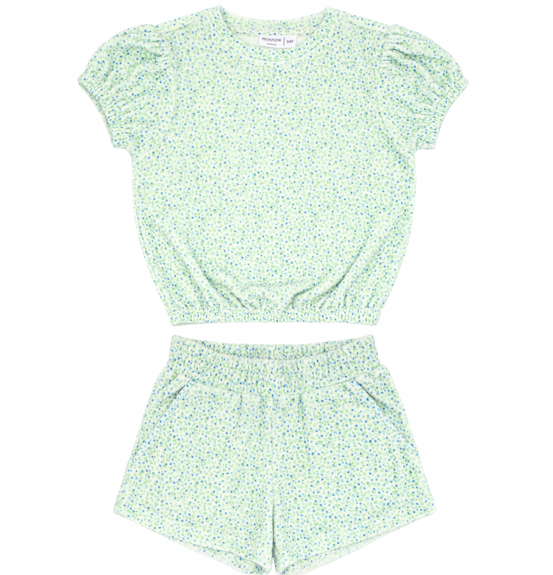 Minnow French Terry Puff Sleeve Short Set in Hibiscus Ditsy Floral