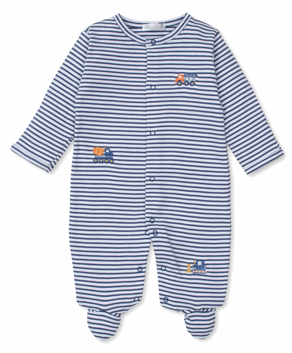 Kissy Kissy Snap Footie in Blue Stripe Construction Crew