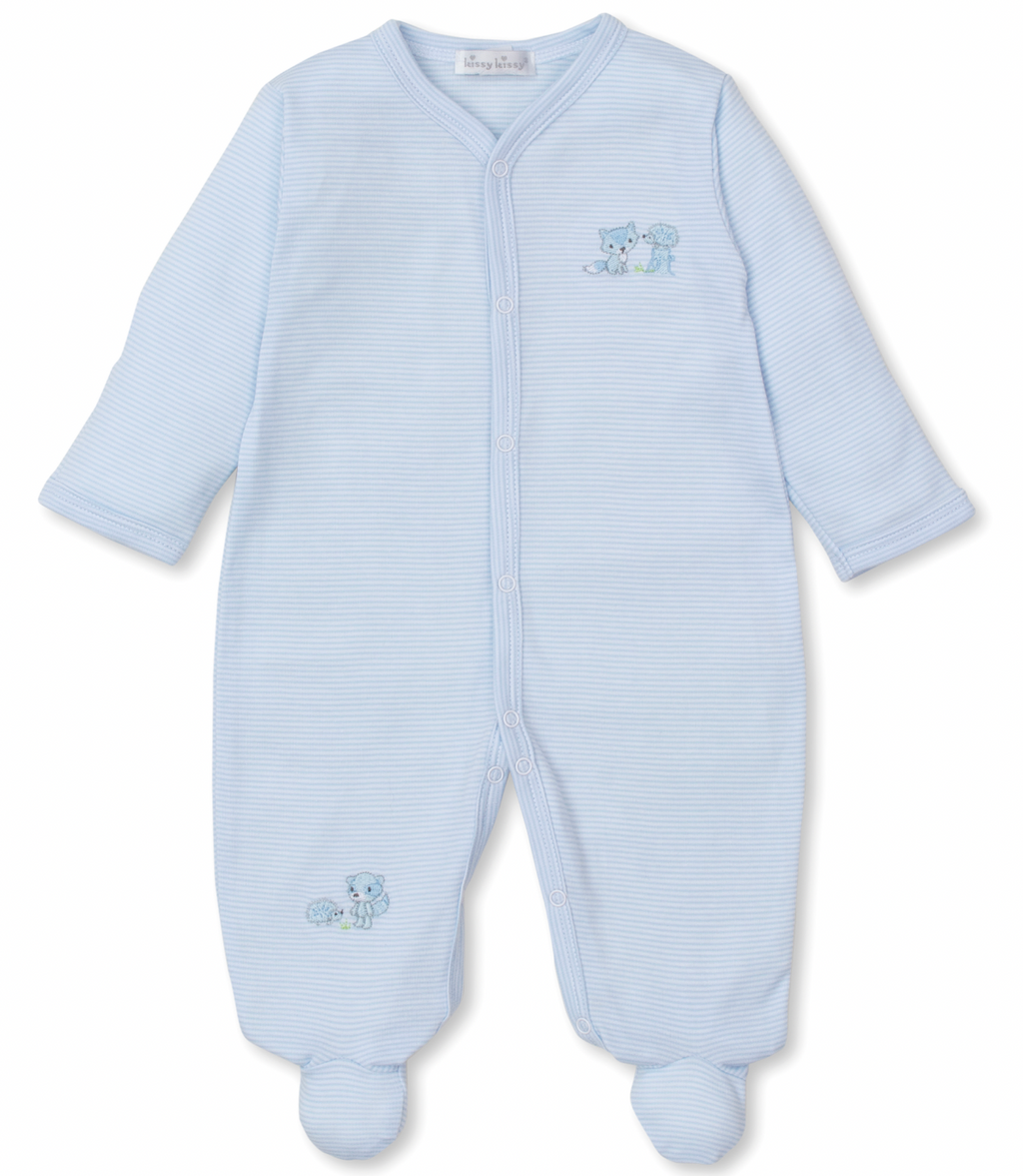 Kissy Kissy Snap Footie in Light Blue Forest Fun Stripes