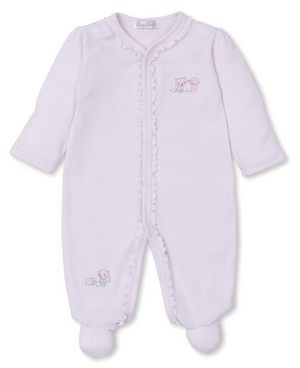 Kissy Kissy Ruffle Snap Footie in Pink Forest Fun Stripes