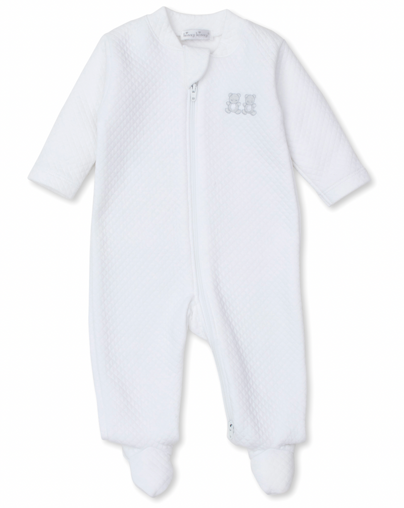 Kissy Kissy Jacquard Zip Footie in White Baby Bear Cub