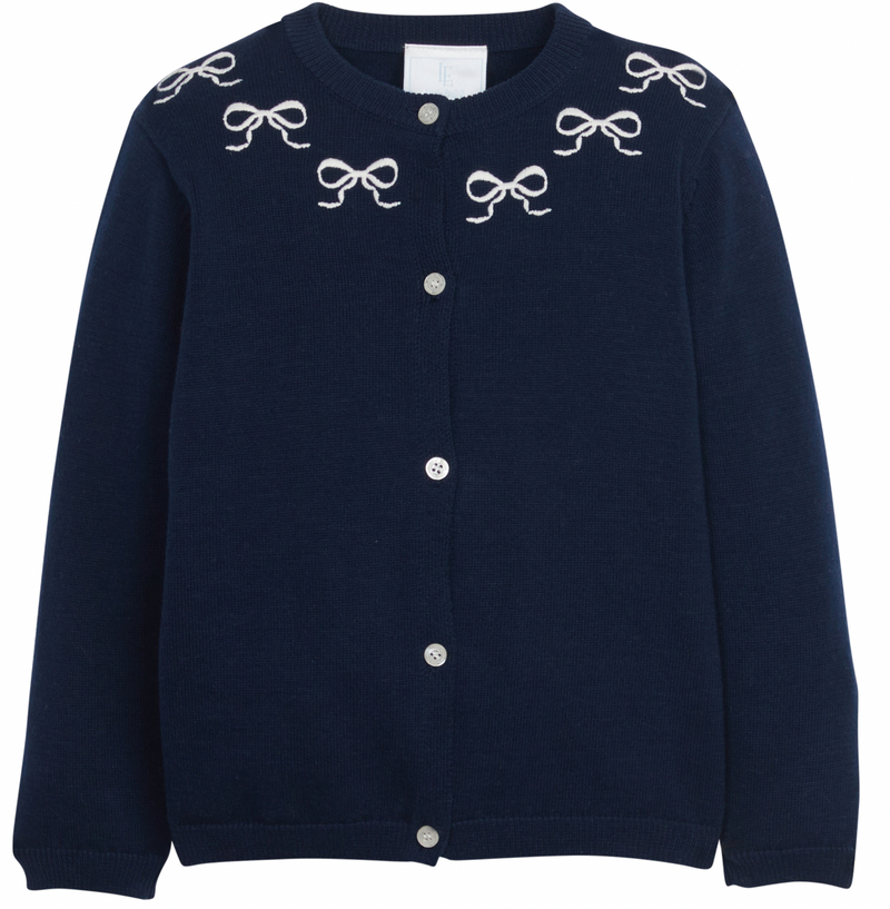 Little English Embroidered Cardigan in Navy Bows