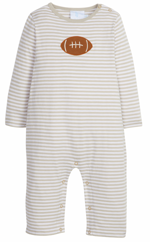 Little English Applique Romper in Gray Stripe Football