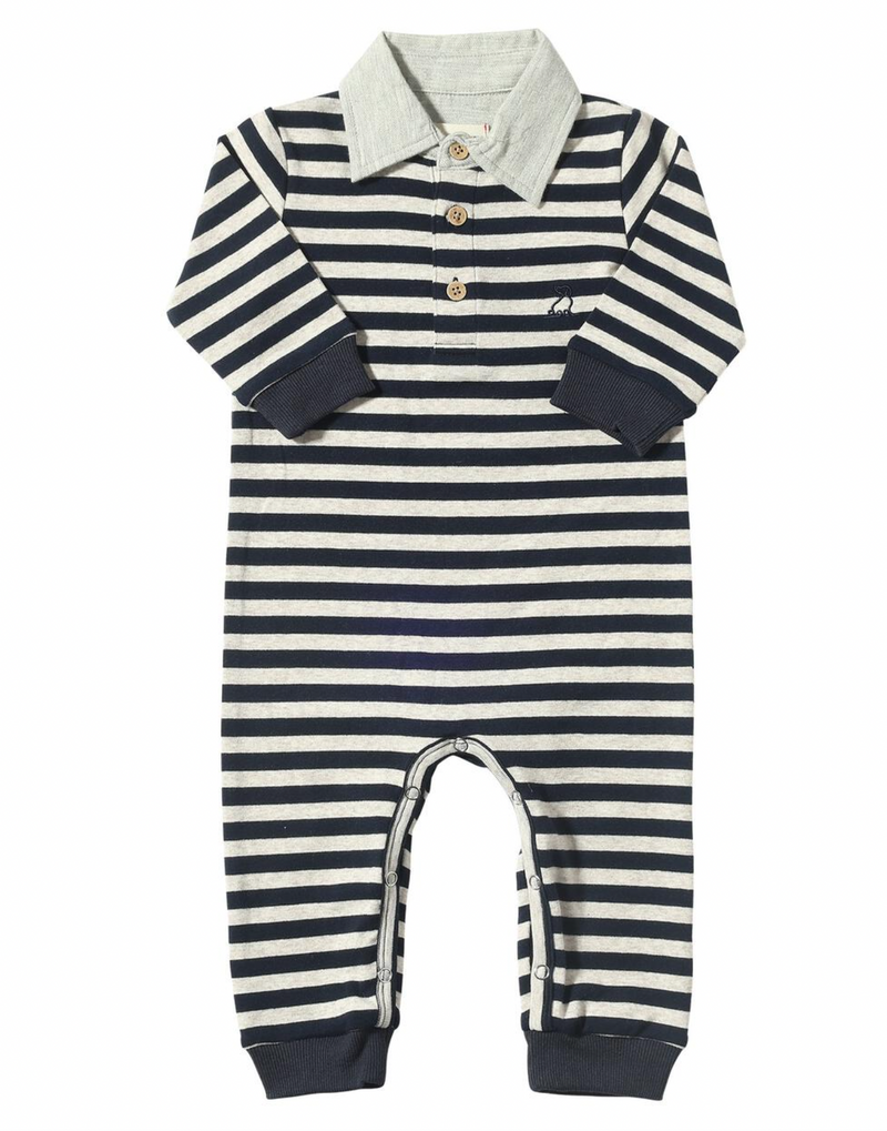 Me & Henry Kingston Polo Romper in Navy/Beige Stripe